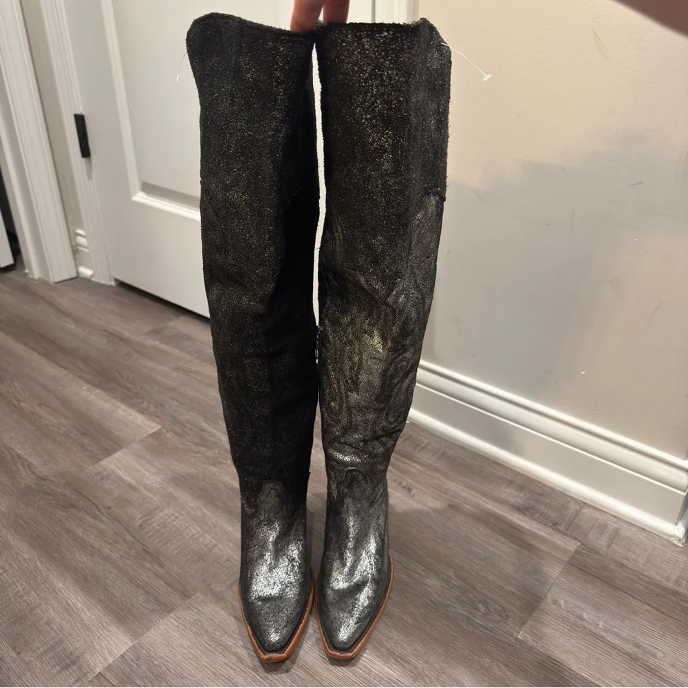 Corral Boots Metallic Tall OTK Silver Black Suede Leather Western Boots Z5245